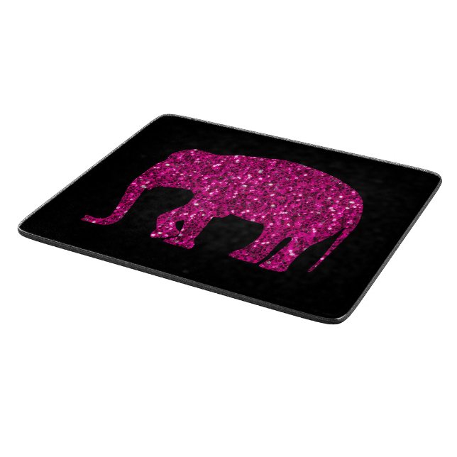 Sparkly hot pink Elephant faux sparkles on black Cutting Board (Corner)