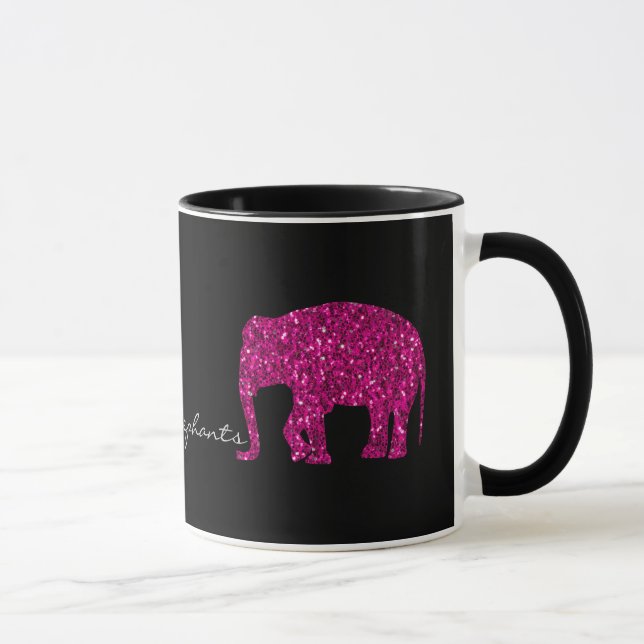 Sparkly hot pink Elephant faux sparkles on black Mug (Right)