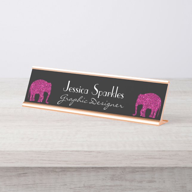 Sparkly hot pink Elephant faux sparkles Your name Desk Name Plate (Front)