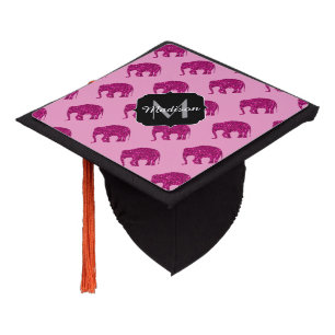 Sparkly hot pink Elephant pattern black Monogram Graduation Cap Topper