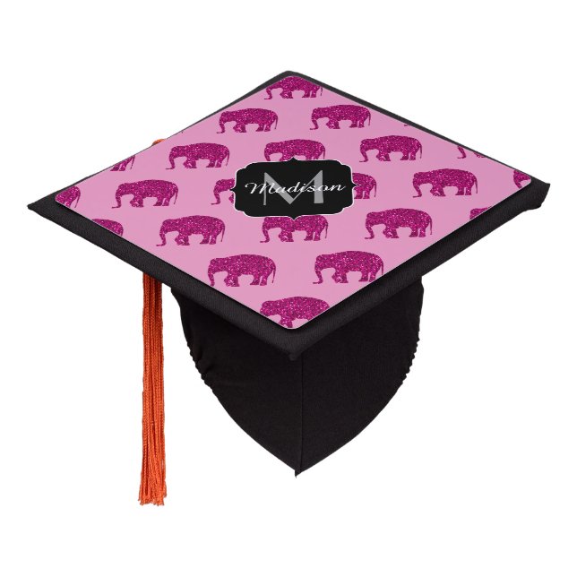 Sparkly hot pink Elephant pattern black Monogram Graduation Cap Topper (Angled)