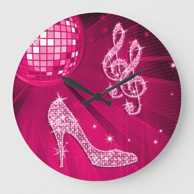 Sparkly Hot Pink Music Note & Stiletto Heel Large Clock (Front)