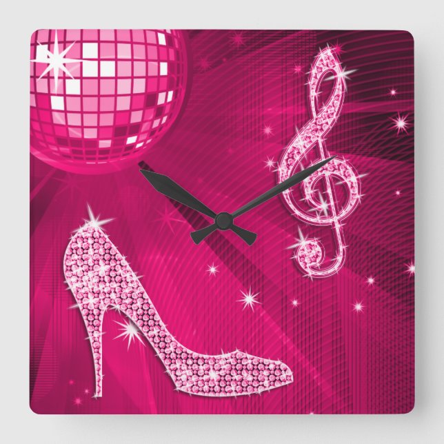 Sparkly Hot Pink Music Note & Stiletto Heel Square Wall Clock (Front)