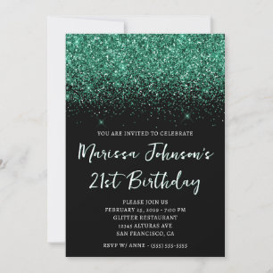 Sparkly Hunter Green Glitter Black 21st Birthday Invitation