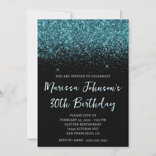 Sparkly Hunter Green Glitter Black 30th Birthday Invitation (Front)