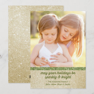 Sparkly in Green & Gold Glitter Holiday Photo Card