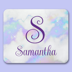 Sparkly Iridescent Rainbow Marble Monogram Name Mouse Pad