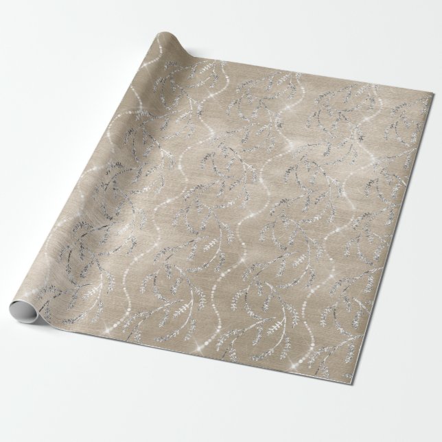 Sparkly Ivory Laurel Floral Silver Diamonds Wrapping Paper (Unrolled)