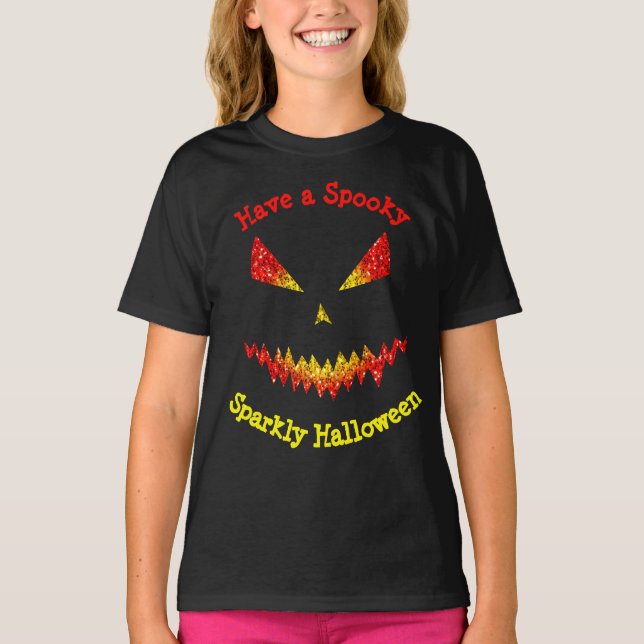 Sparkly Jack O'Lantern face Halloween Personalize T-Shirt (Front)