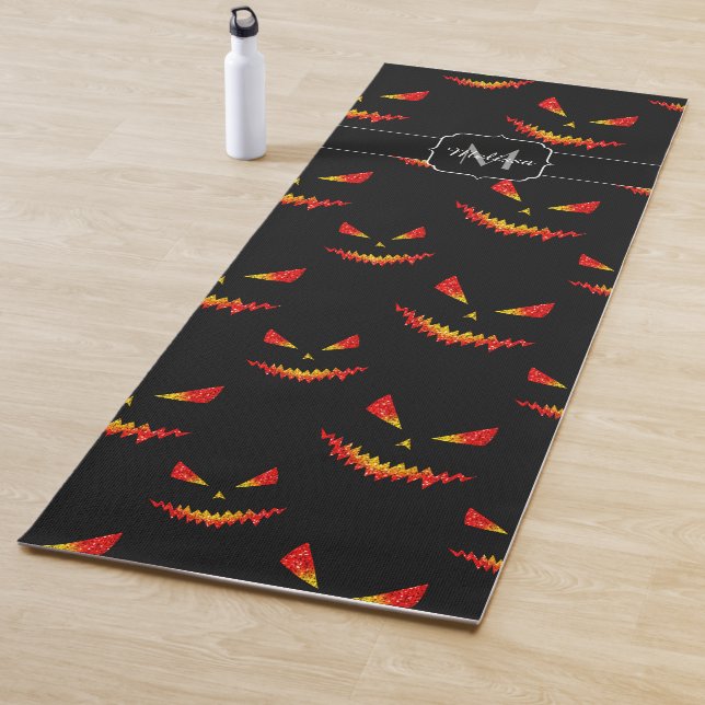 Sparkly Jack O'Lantern Halloween pattern Monogram Yoga Mat (In Situ)