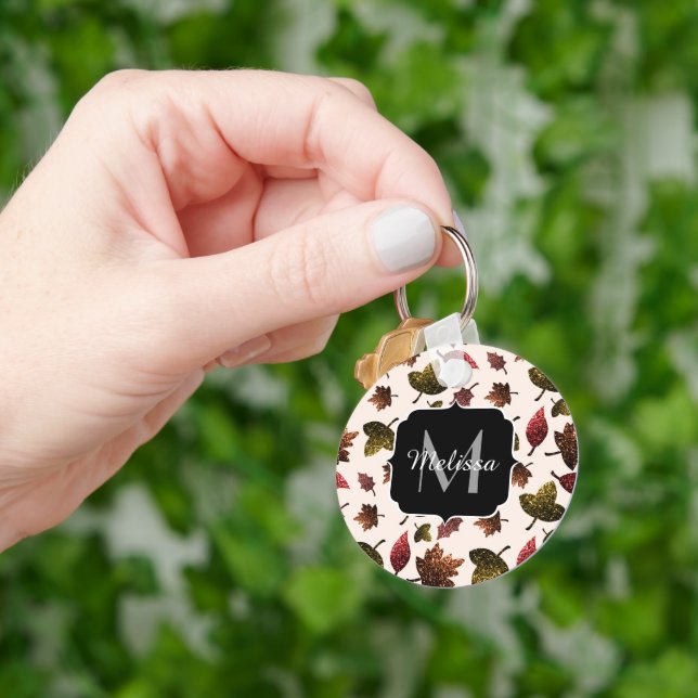 Sparkly leaves fall autumn pattern Monogram Keychain (Hand)