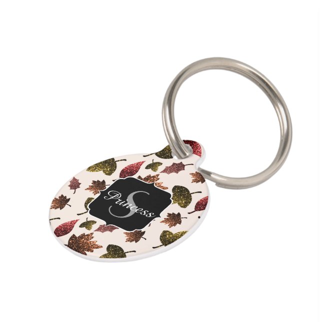 Sparkly leaves fall autumn pattern Monogram Pet Tag (Side)