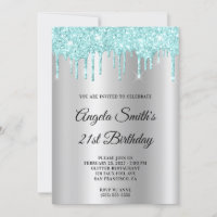 Sparkly Light Turquoise Glitter Drips Silver Ombre