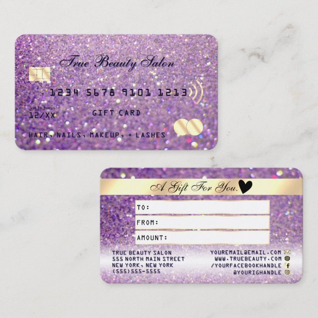 Sparkly Lilac Purple Gold Glitter Credit Gift Card (Front/Back)
