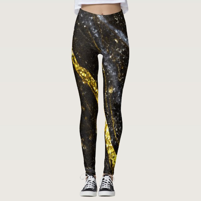 Sparkly line gold black chic abstract leggings (Front)