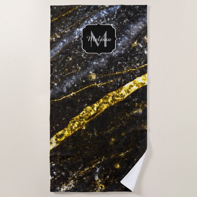 Sparkly line gold black chic abstract Monogram Beach Towel (Front)
