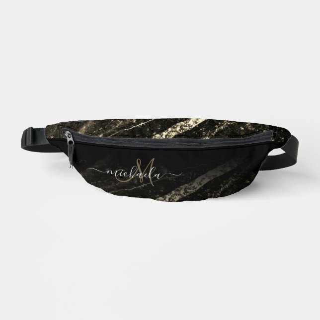 Sparkly line gold black chic abstract Monogram Fanny Pack (Front)