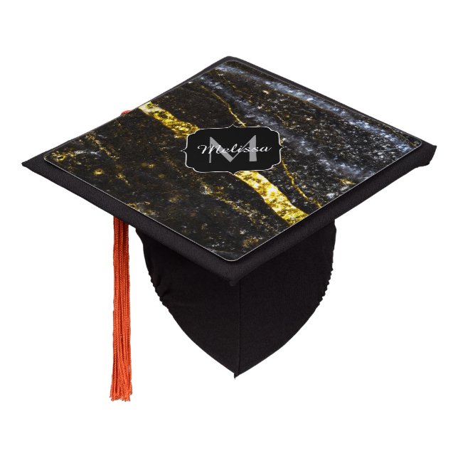 Sparkly line gold black chic abstract Monogram Graduation Cap Topper (Angled)