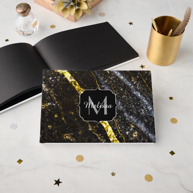 Sparkly line gold black chic abstract Monogram Guest Book (Front Open)