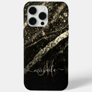 Sparkly line gold black chic abstract Monogram iPhone 15 Pro Max Case