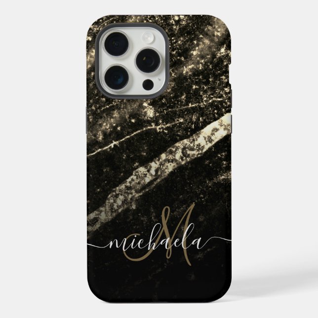 Sparkly line gold black chic abstract Monogram iPhone Case (Back)