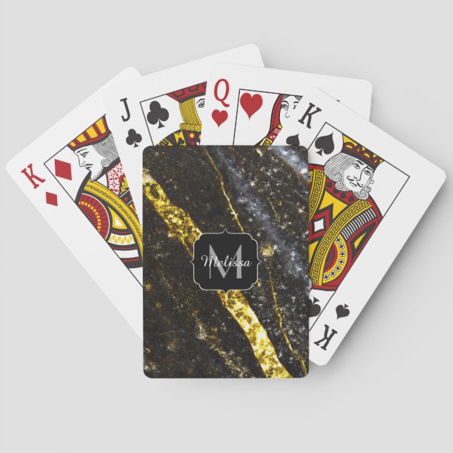 Sparkly line gold black chic abstract Monogram Playing Cards (Back)