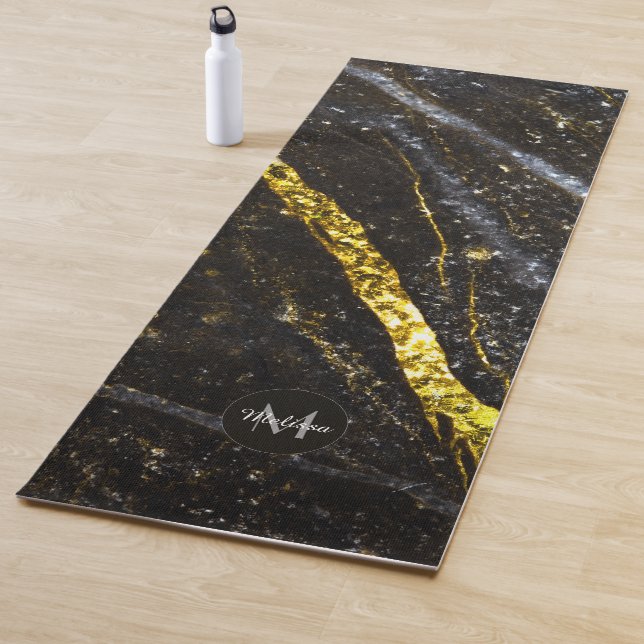 Sparkly line gold black chic abstract Monogram Yoga Mat (In Situ)
