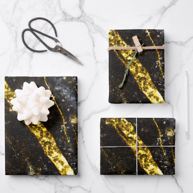 Sparkly line gold black chic abstract wrapping paper sheet (Front)