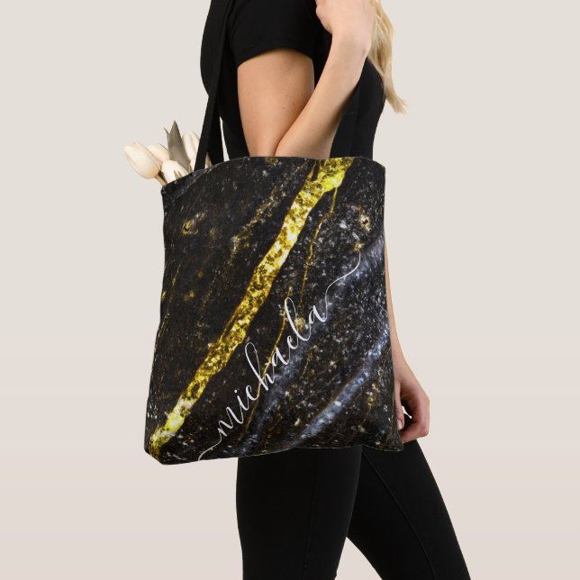 Sparkly line gold black chic abstract Your name Tote Bag (Close Up)
