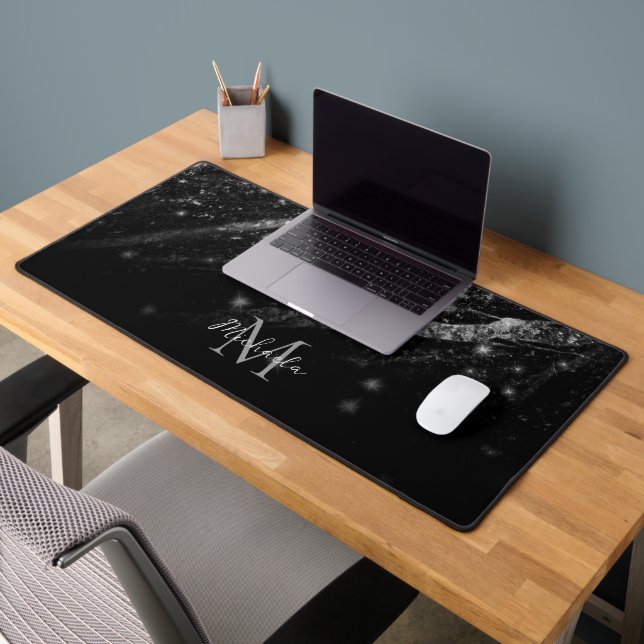 Sparkly line silver black chic abstract Monogram Desk Mat (Office 2)