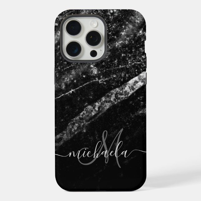 Sparkly line silver black chic abstract Monogram iPhone Case (Back)