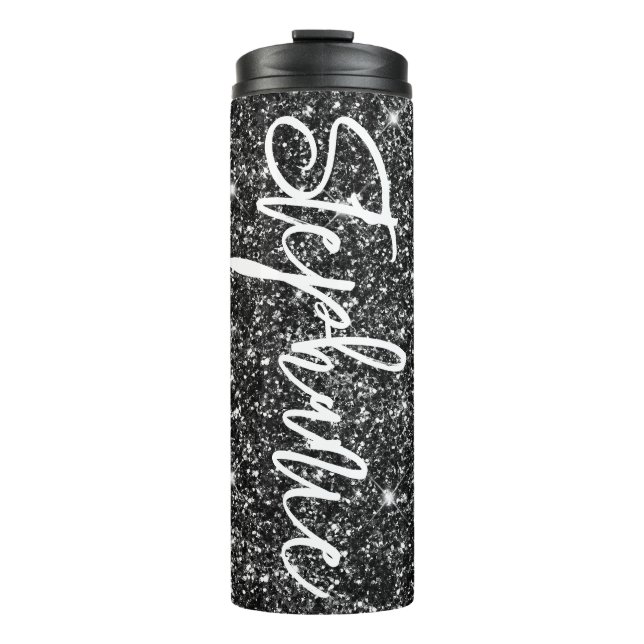 Sparkly Luxury Black Glitter Brush Calligraphy Thermal Tumbler (Front)