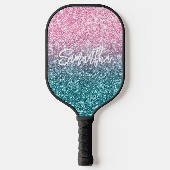 Sparkly Luxury Light Pink Teal Ombre Glitter Pickleball Paddle (Front)