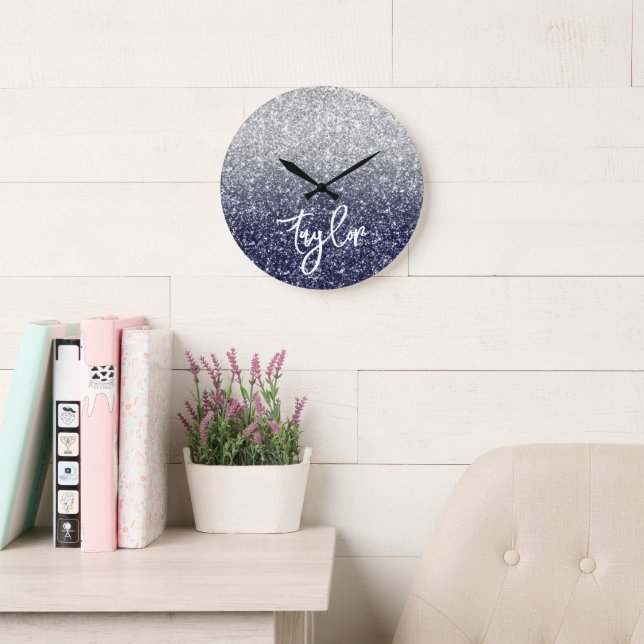 Sparkly Luxury Silver Navy Glitter Ombre Large Clock (Reading Room)
