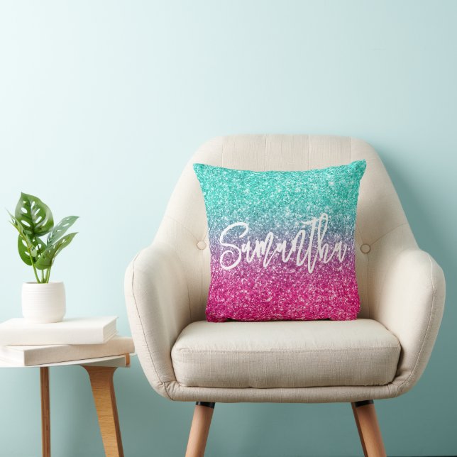 Sparkly Luxury Turquoise Hot Pink Ombre Glitter Throw Pillow (Chair)