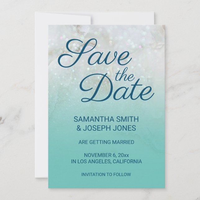Sparkly Marble Teal Ombre Save the Date Invitation (Front)
