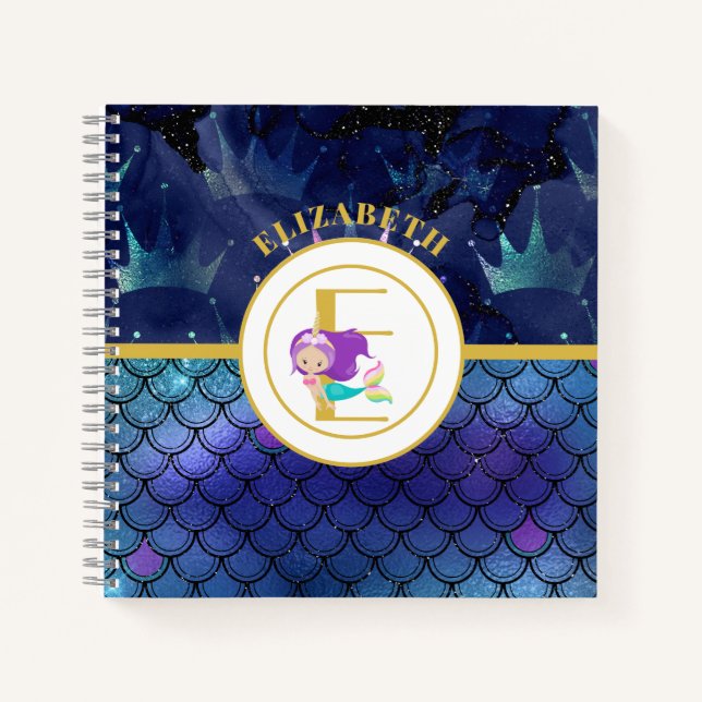 Sparkly Mermaid Scales Unicorn Horn Monogram Notebook (Front)