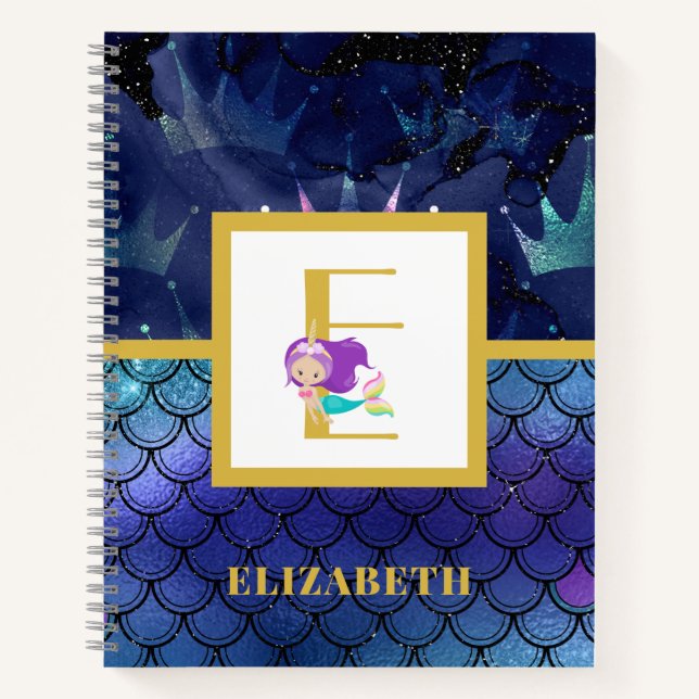 Sparkly Mermaid Scales Unicorn Horn Monogram Notebook (Front)