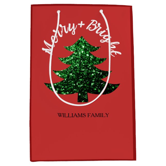 Sparkly Merry Bright Christmas tree Custom name Medium Gift Bag (Front)