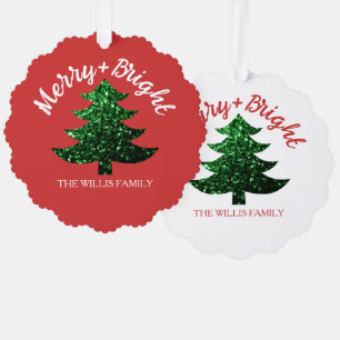 Sparkly Merry bright Christmas tree Custom name Ornament Card