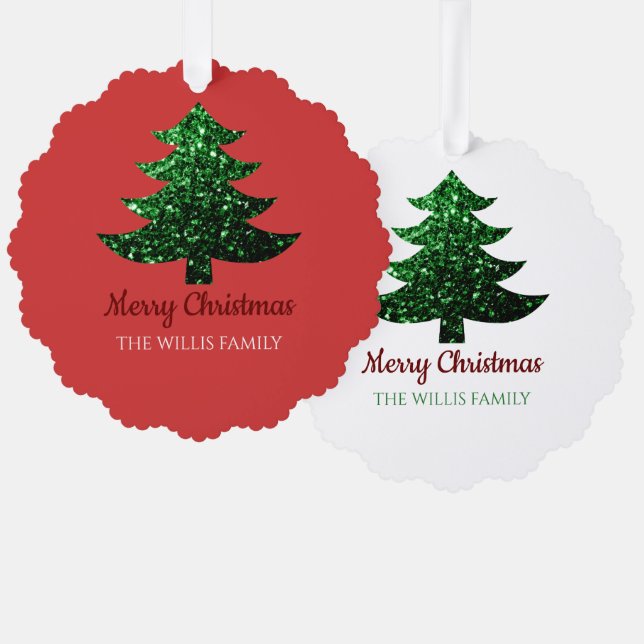 Sparkly Merry bright Christmas tree Custom name Ornament Card (Front/Back)