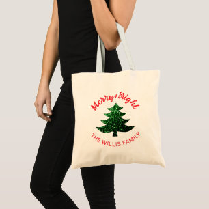Sparkly Merry bright Christmas tree Custom name  Tote Bag