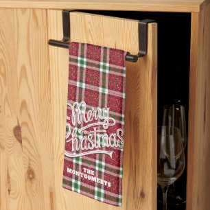 Sparkly Merry Christmas Plaid Family Name Kitchen Towel