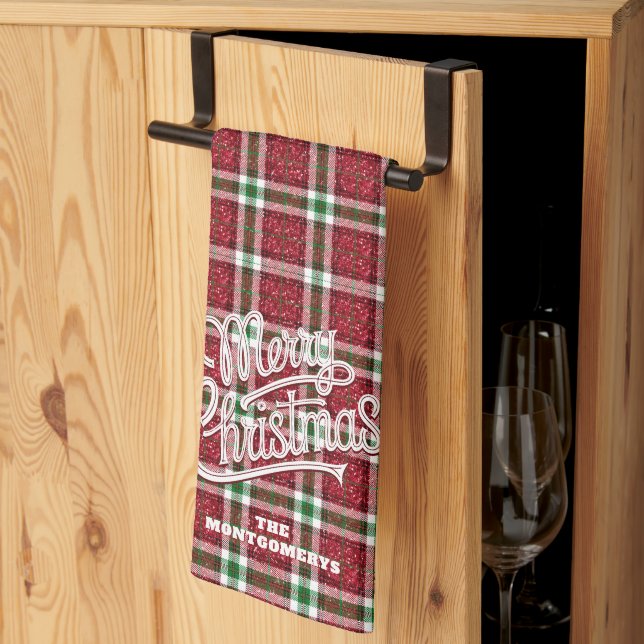 Sparkly Merry Christmas Plaid Family Name Kitchen Towel (Thirds Fold)