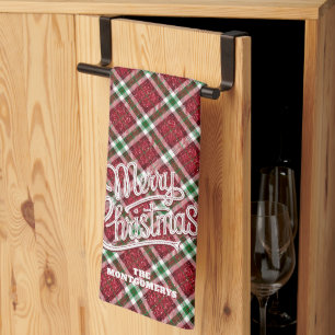 Sparkly Merry Christmas Plaid Family Name Kitchen Towel