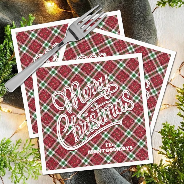 Sparkly Merry Christmas Plaid Napkin (Sparkly Merry Christmas Plaid Cocktail Party Napkins)
