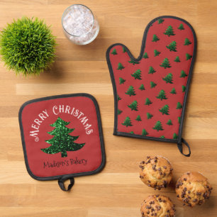 Sparkly Merry Christmas tree Custom name Oven Mitt & Pot Holder Set