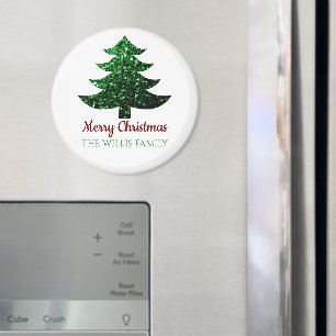 Sparkly Merry Christmas tree green Family name  Magnet