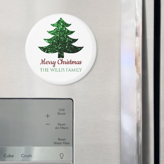 Sparkly Merry Christmas tree green Family name  Magnet (In Situ (Fridge))