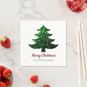 Sparkly Merry Christmas tree green Family name  Napkin